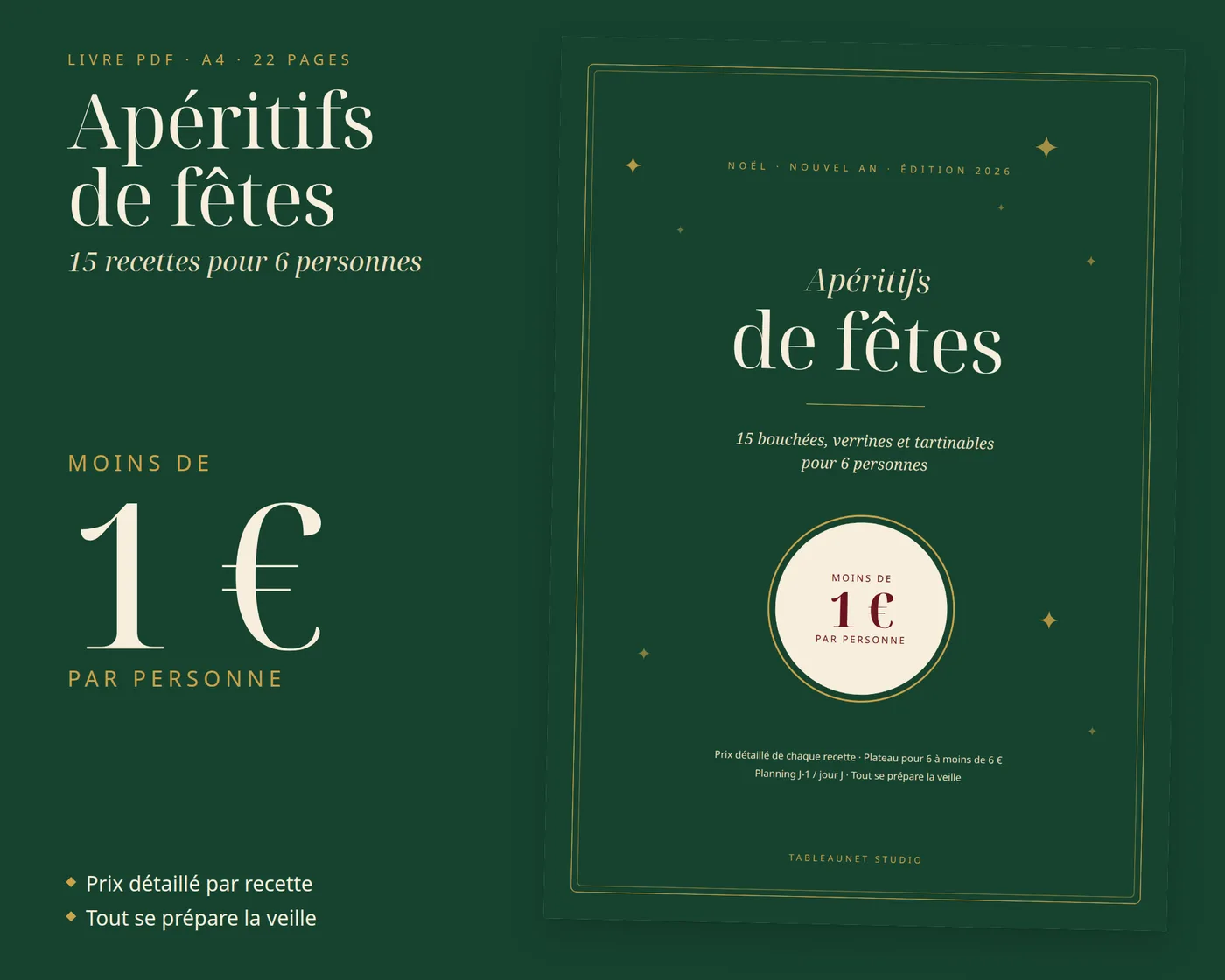 Couverture du livre « Apéritifs de fêtes » : 15 recettes pour 6, à moins de 1 € par personne, PDF A4 de 22 pages