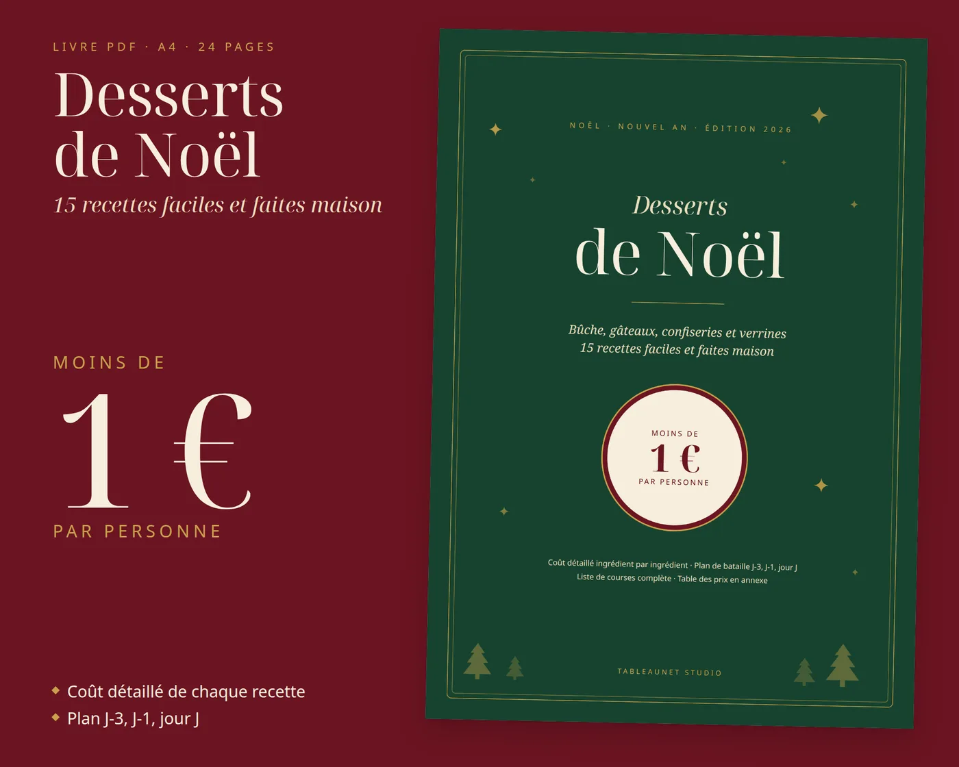 Couverture du livre « Desserts de Noël » : 15 recettes faites maison à moins de 1 € par personne, PDF A4 de 24 pages